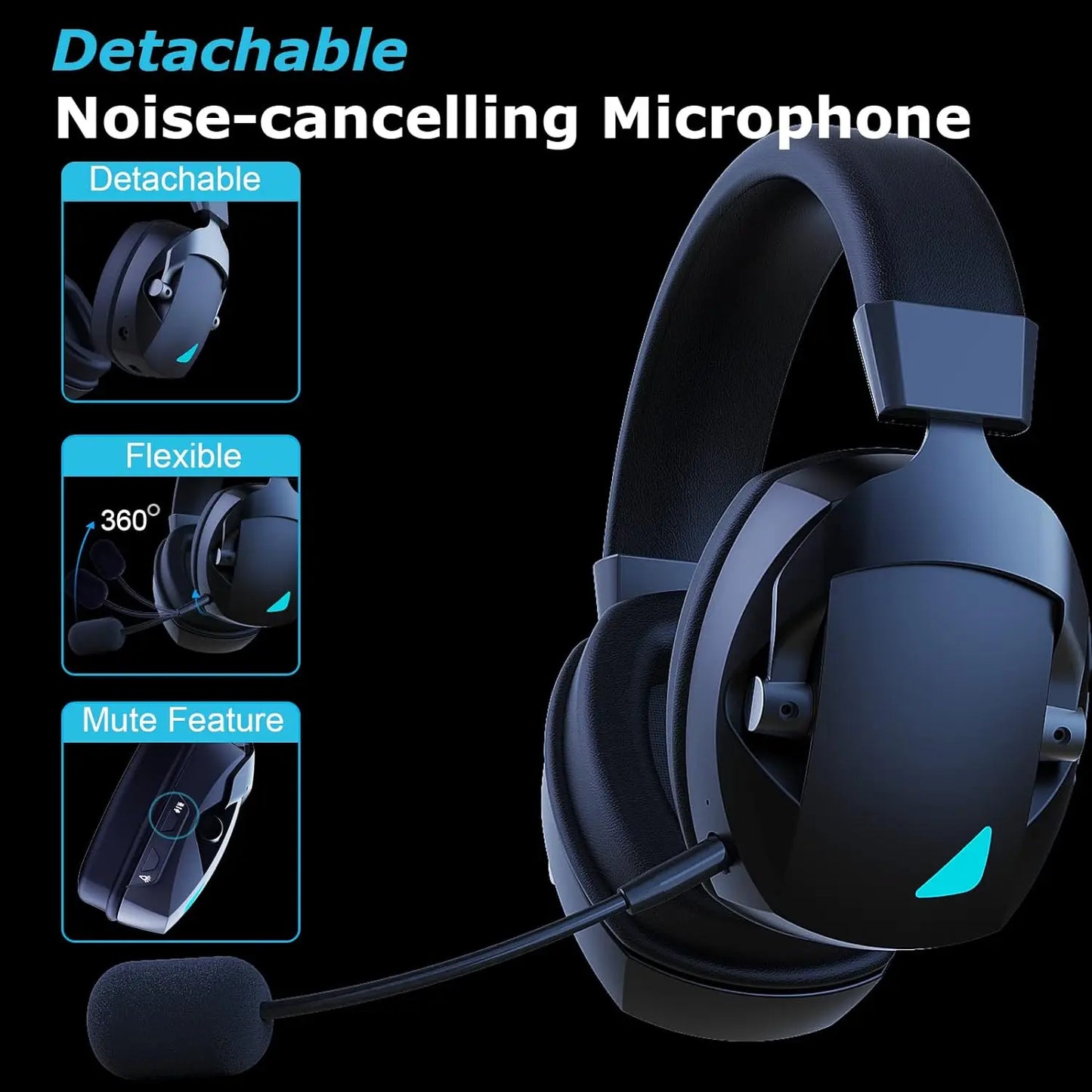 Wireless Gaming Headset with Detachable Noise Cancelling Microphone