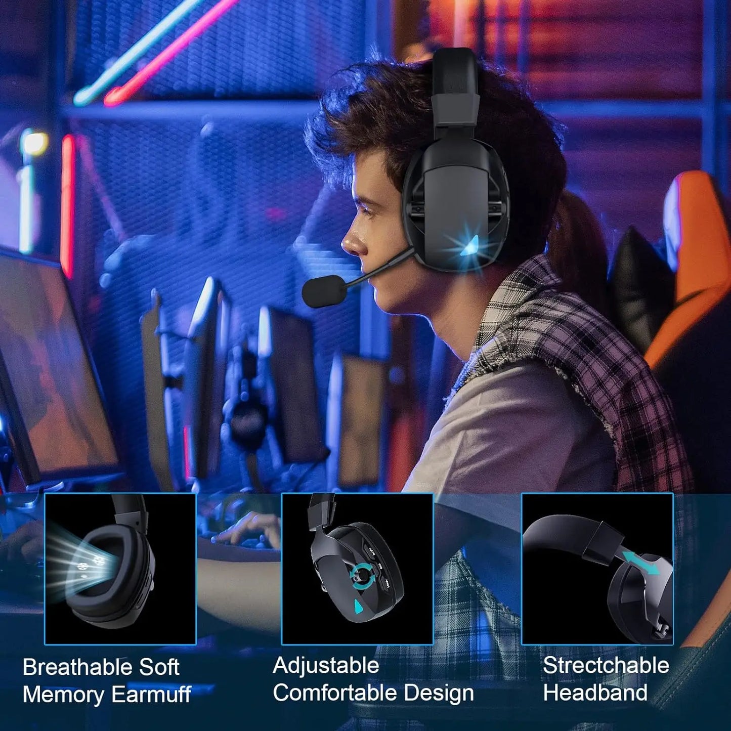 Wireless Gaming Headset with Detachable Noise Cancelling Microphone